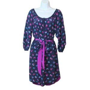 Rebecca Taylor womens dress size 0 navy purple floral print fit flare mini silk